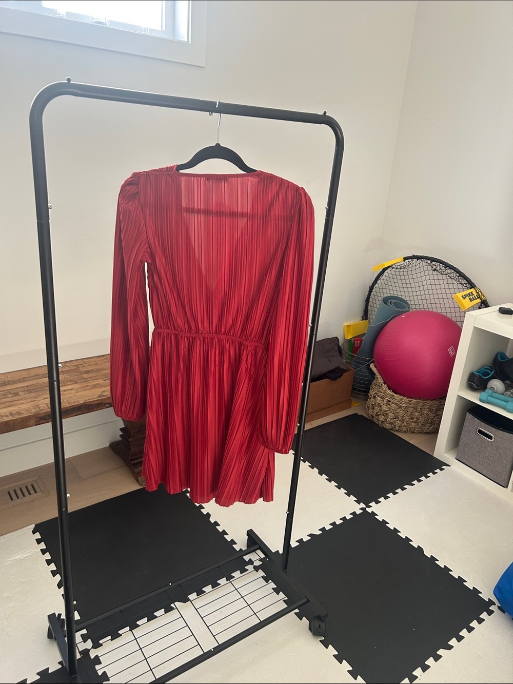 Red Pleated Long-Sleeve V-Neck Mini Dress - Picture 2 of 3